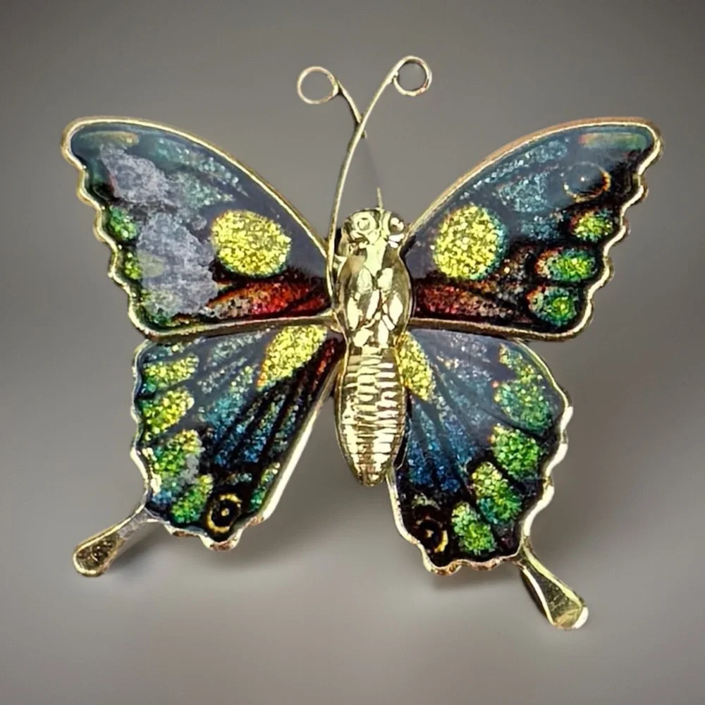 Vintage Multicolor Butterfly Brooch Gold Tone Statement Pin